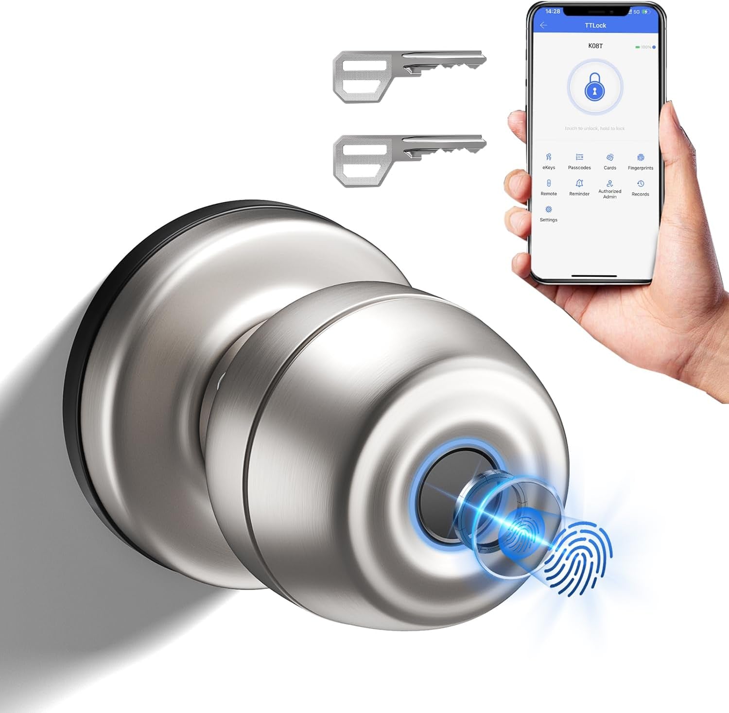 Smart Door Knob,Fingerprint Door Knob,Biometric Smart Door Lock with App Control,Metal Alloy Door Knob,Easy Installation,Great for Bedrooms,Cloakroom,Apartments Offices,Hotel(Sliver)