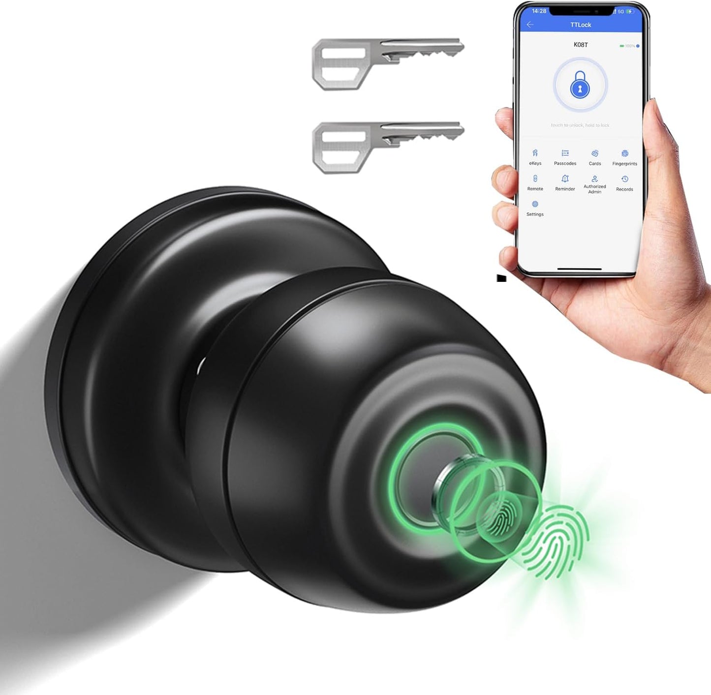 Smart Door Knob,Fingerprint Door Knob,Biometric Smart Door Lock with App Control,Metal Alloy Door Knob,Easy Installation,Great for Bedrooms,Cloakroom,Apartments Offices,Hotel(Sliver)