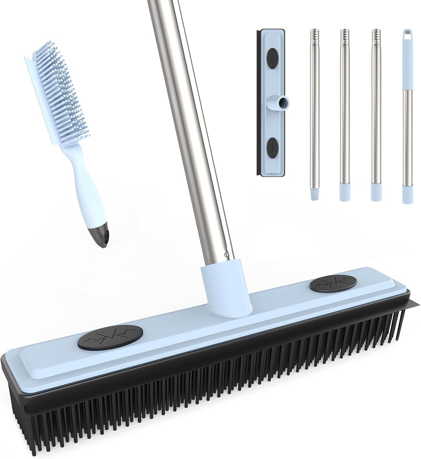 Rubber Broom Carpet Rake for Pet Hair Removal, Dog Hair Broom with 59" Adjustable Handle, Push Broom with Squeegee for Carpet, Hardwood Floor, Tile, Includes 1 Pet Hair Brush