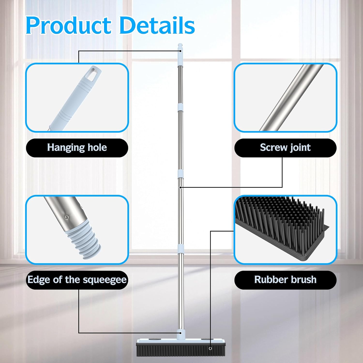 Rubber Broom Carpet Rake for Pet Hair Removal, Dog Hair Broom with 59" Adjustable Handle, Push Broom with Squeegee for Carpet, Hardwood Floor, Tile, Includes 1 Pet Hair Brush