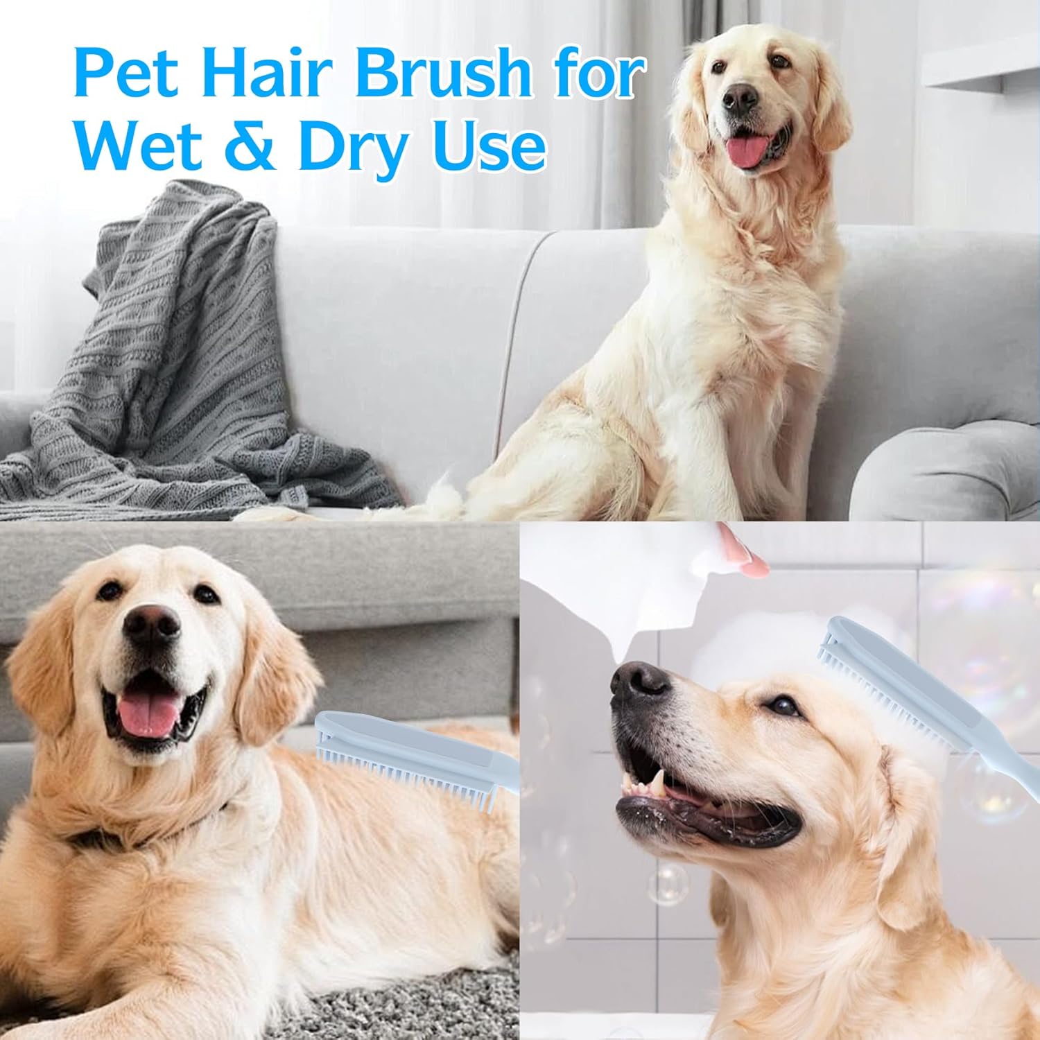 Rubber Broom Carpet Rake for Pet Hair Removal, Dog Hair Broom with 59" Adjustable Handle, Push Broom with Squeegee for Carpet, Hardwood Floor, Tile, Includes 1 Pet Hair Brush