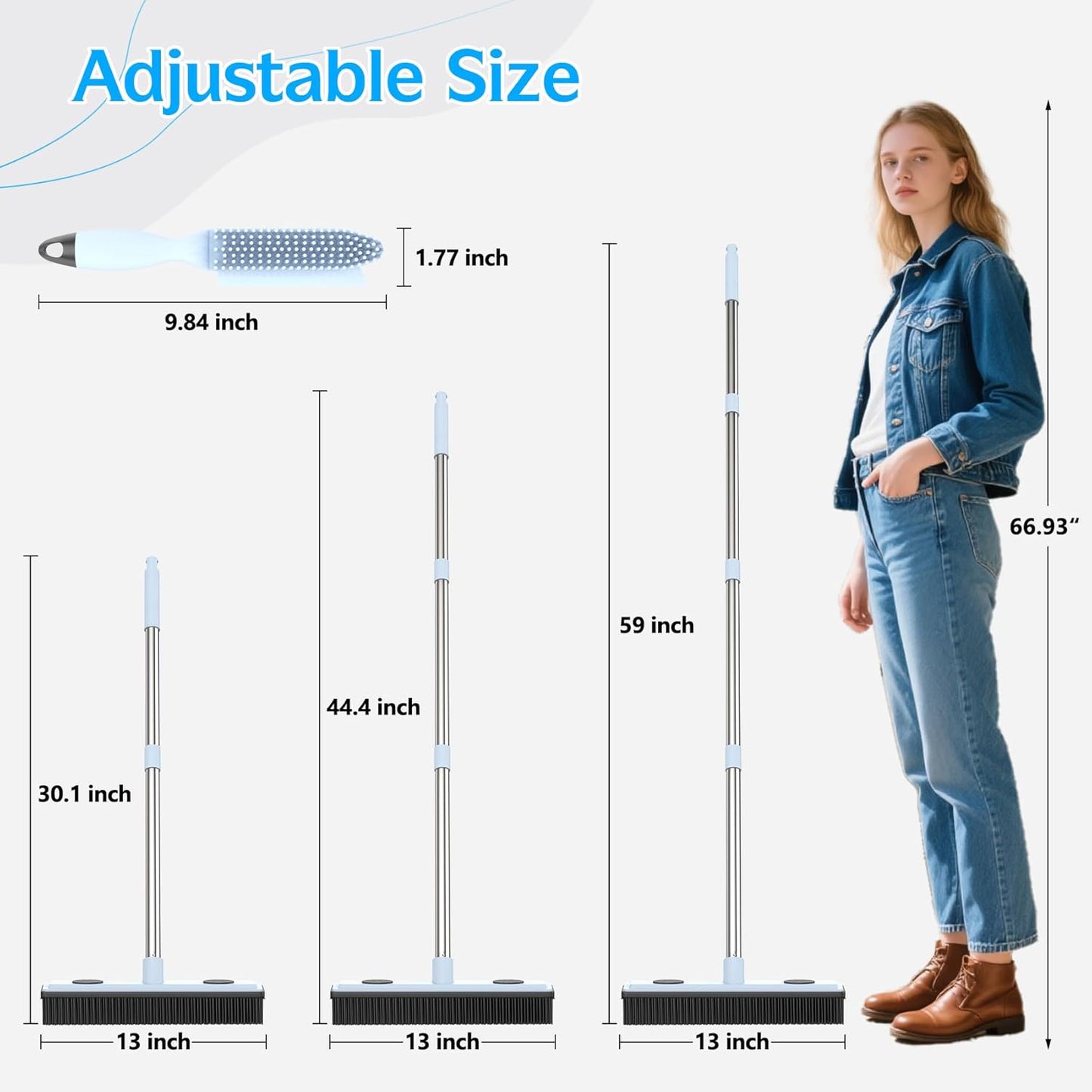 Rubber Broom Carpet Rake for Pet Hair Removal, Dog Hair Broom with 59" Adjustable Handle, Push Broom with Squeegee for Carpet, Hardwood Floor, Tile, Includes 1 Pet Hair Brush