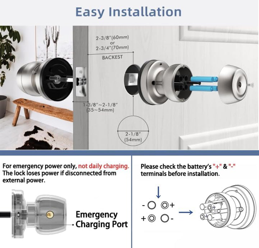 Smart Door Knob,Fingerprint Door Knob,Biometric Smart Door Lock with App Control,Metal Alloy Door Knob,Easy Installation,Great for Bedrooms,Cloakroom,Apartments Offices,Hotel(Sliver)