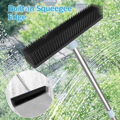 Rubber Broom Carpet Rake for Pet Hair Removal, Dog Hair Broom with 59" Adjustable Handle, Push Broom with Squeegee for Carpet, Hardwood Floor, Tile, Includes 1 Pet Hair Brush