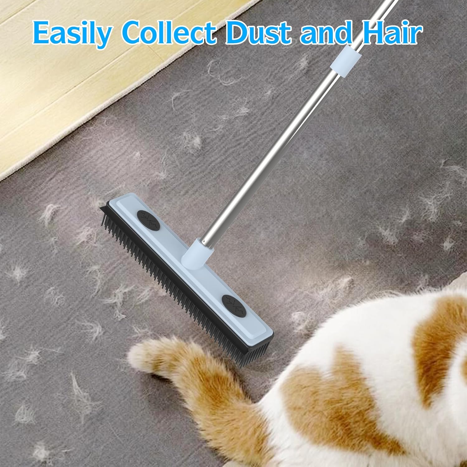 Rubber Broom Carpet Rake for Pet Hair Removal, Dog Hair Broom with 59" Adjustable Handle, Push Broom with Squeegee for Carpet, Hardwood Floor, Tile, Includes 1 Pet Hair Brush