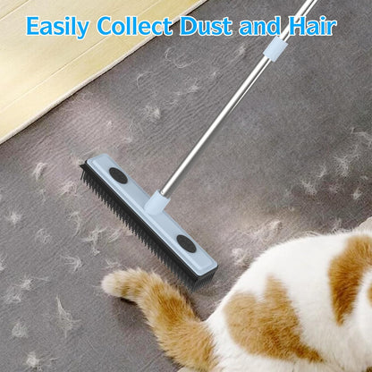 Rubber Broom Carpet Rake for Pet Hair Removal, Dog Hair Broom with 59" Adjustable Handle, Push Broom with Squeegee for Carpet, Hardwood Floor, Tile, Includes 1 Pet Hair Brush