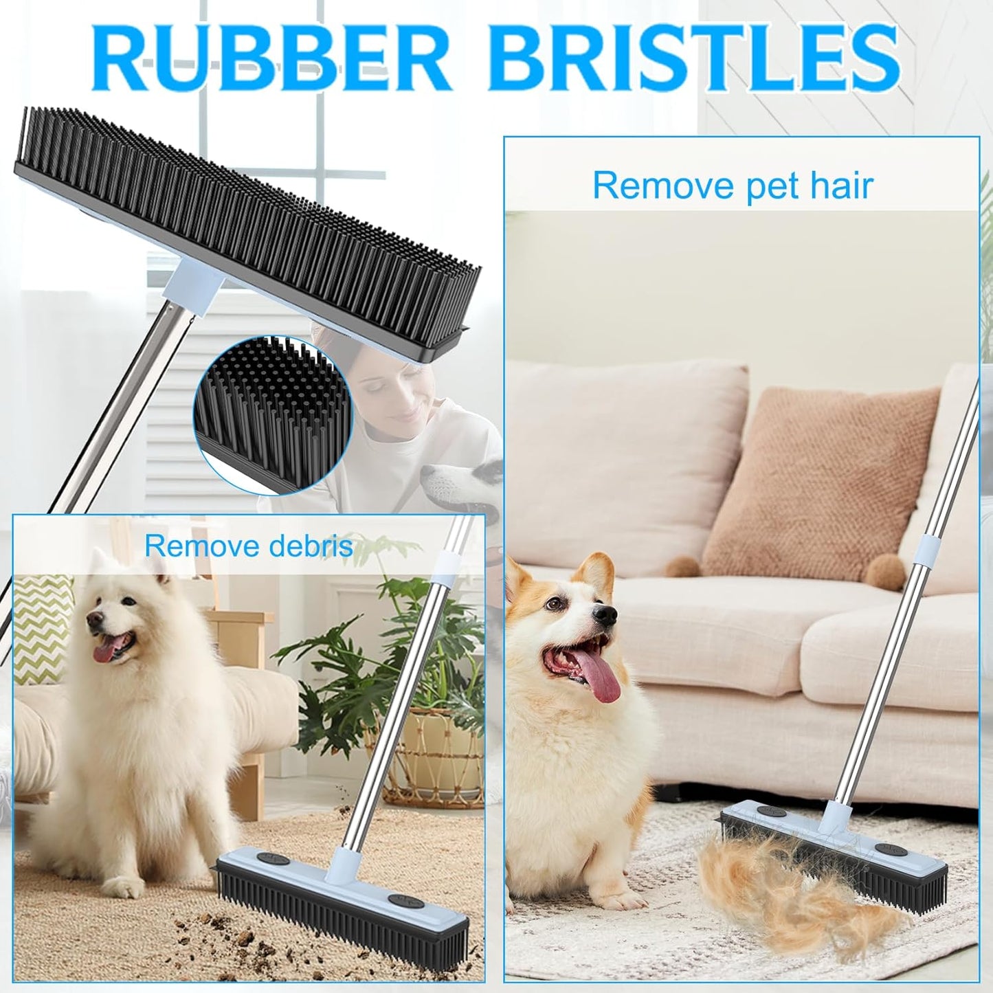 Rubber Broom Carpet Rake for Pet Hair Removal, Dog Hair Broom with 59" Adjustable Handle, Push Broom with Squeegee for Carpet, Hardwood Floor, Tile, Includes 1 Pet Hair Brush