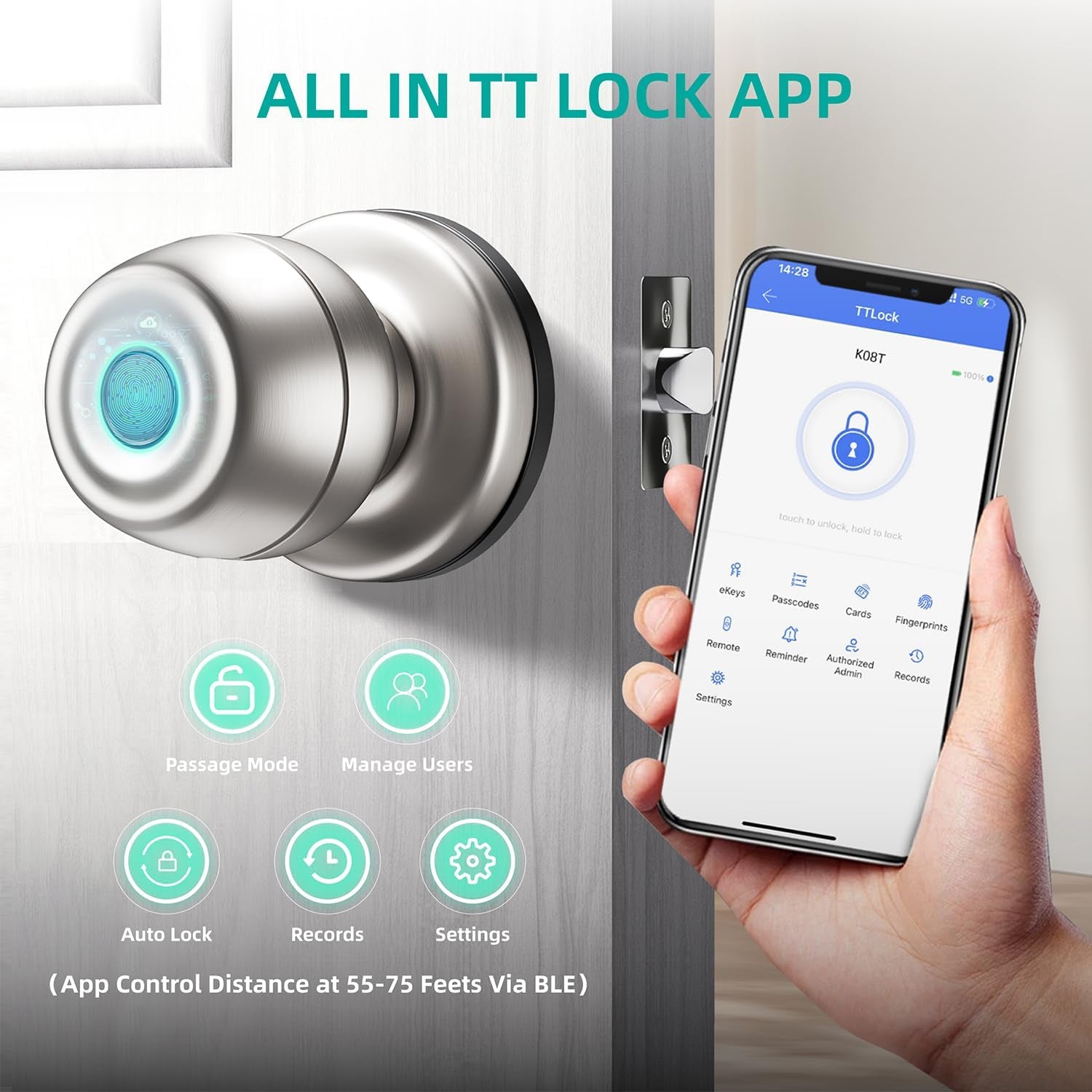 Smart Door Knob,Fingerprint Door Knob,Biometric Smart Door Lock with App Control,Metal Alloy Door Knob,Easy Installation,Great for Bedrooms,Cloakroom,Apartments Offices,Hotel(Sliver)