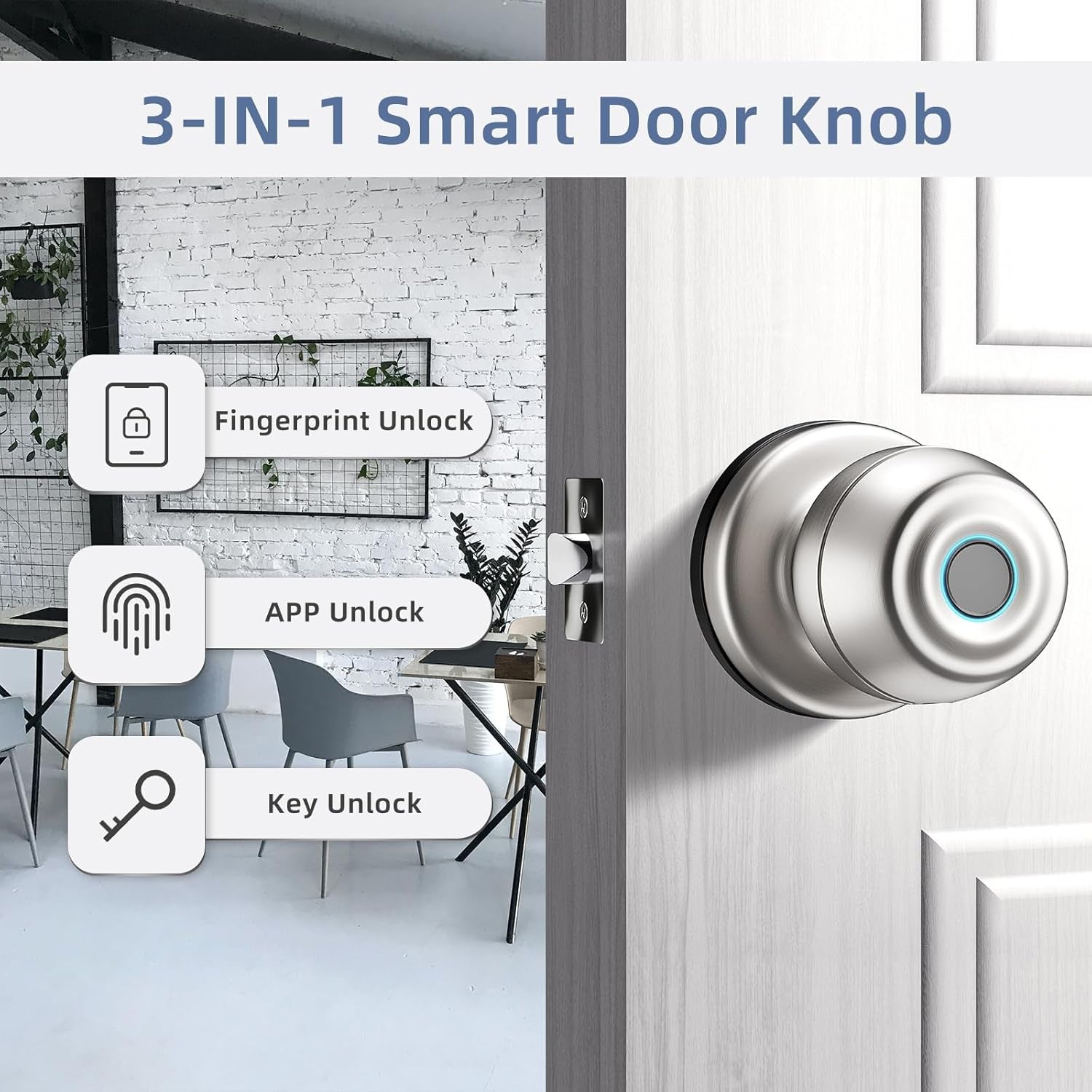 Smart Door Knob,Fingerprint Door Knob,Biometric Smart Door Lock with App Control,Metal Alloy Door Knob,Easy Installation,Great for Bedrooms,Cloakroom,Apartments Offices,Hotel(Sliver)