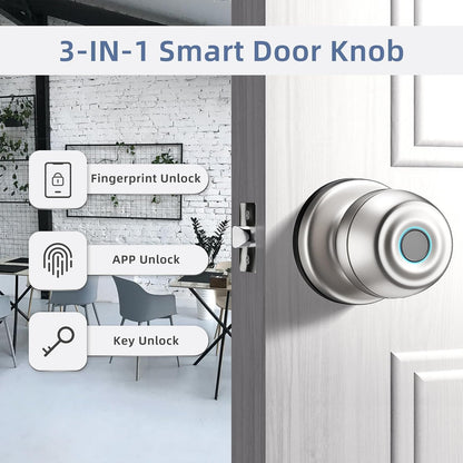 Smart Door Knob,Fingerprint Door Knob,Biometric Smart Door Lock with App Control,Metal Alloy Door Knob,Easy Installation,Great for Bedrooms,Cloakroom,Apartments Offices,Hotel(Sliver)